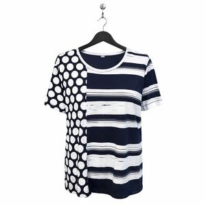 Chicos - Navy and White Mixed Print Short Sleeve Top - Size Medium